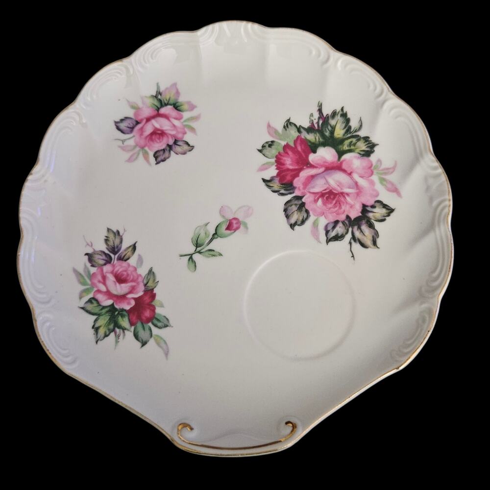 Vintage Pink Rose Snack Plates Set 2 Scalloped Gold Trim Tea Dessert Plates
